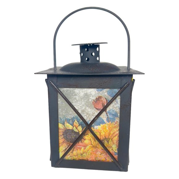 Sun Flowers Decoupaged Metal Lantern Set of 2 Hand Crafted & Hand Painted Decor - Picture 5 of 12